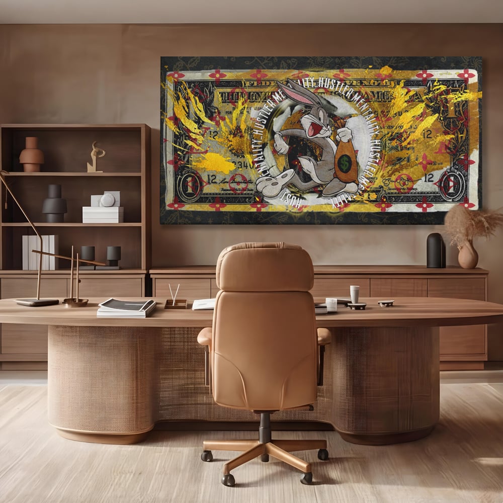 Tablou canvas cu tablou canvas cu dolar si bugs bunny, fara rama, pe sasiu de lemn, pe perete intr-un birou